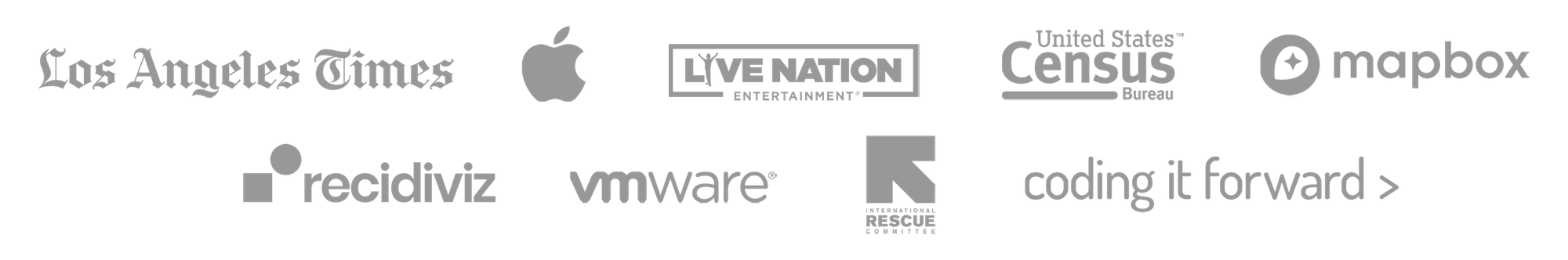 Companies including Los Angeles Times, Apple, Live Nation, Census Bureau, Mapbox, Recidiviz, VMware, International Rescue Committee, and Coding it Forward